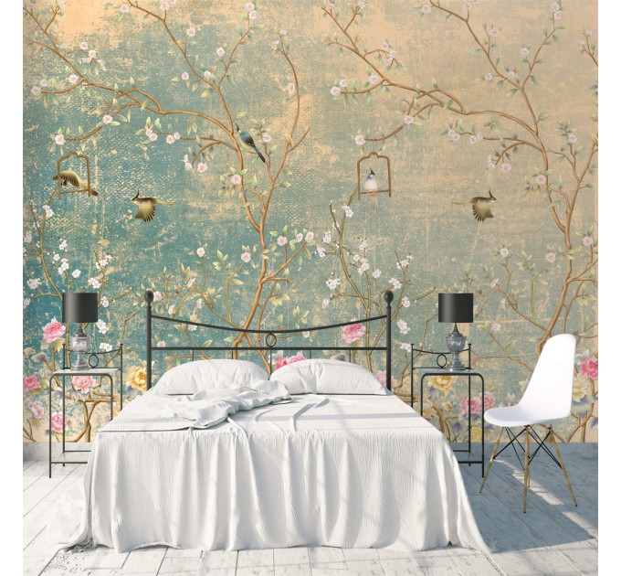 Chinoiserie floral wallpaper mural with birds vintage style Peel nd stick removable or Traditional non woven accent wall