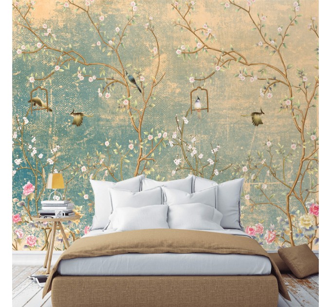 Chinoiserie floral wallpaper mural with birds vintage style Peel nd stick removable or Traditional non woven accent wall