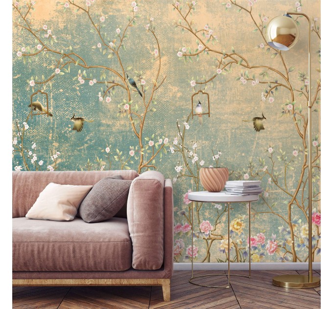 Chinoiserie floral wallpaper mural with birds vintage style Peel nd stick removable or Traditional non woven accent wall