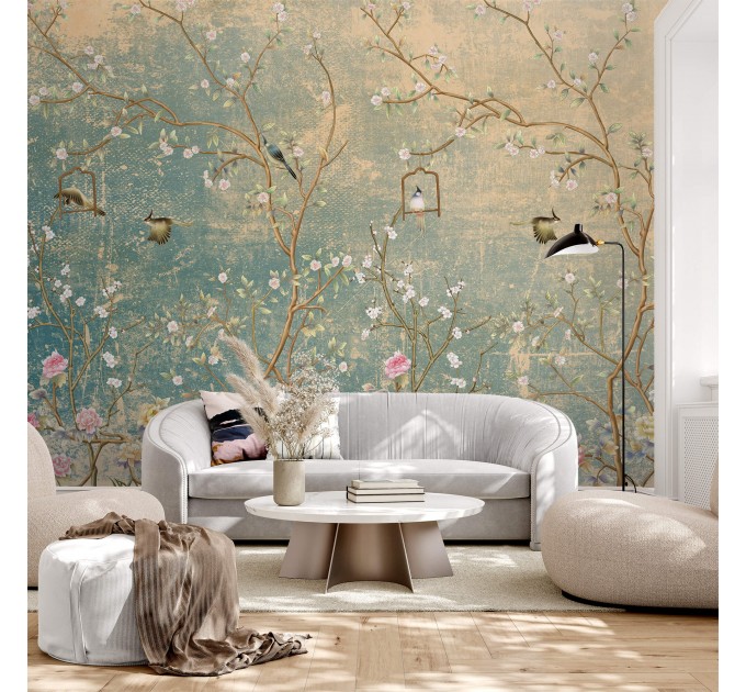 Chinoiserie floral wallpaper mural with birds vintage style Peel nd stick removable or Traditional non woven accent wall