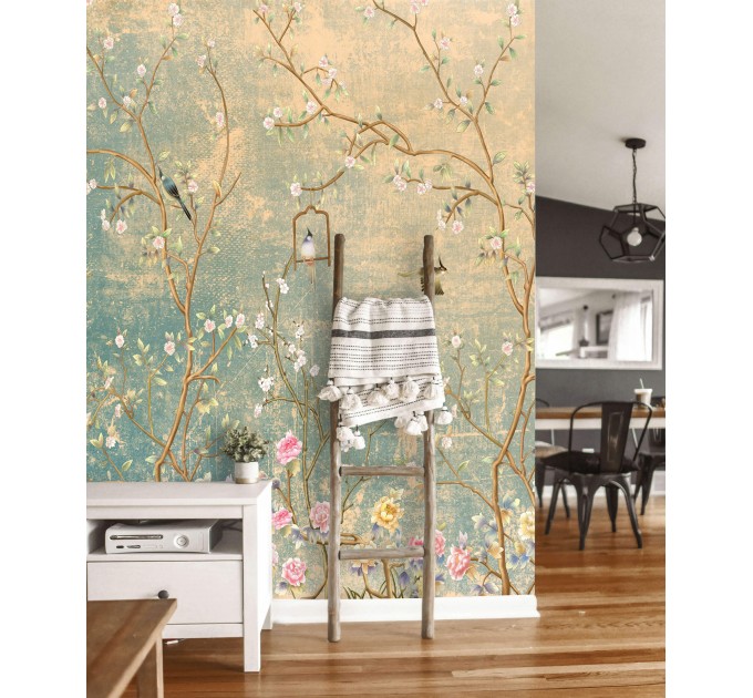 Chinoiserie floral wallpaper mural with birds vintage style Peel nd stick removable or Traditional non woven accent wall