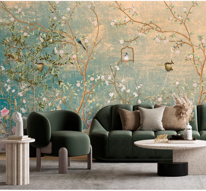 Chinoiserie floral wallpaper mural with birds vintage style Peel nd stick removable or Traditional non woven accent wall