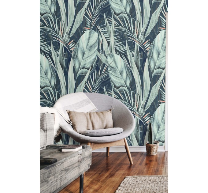 Botanical wallpaper large leaves Peel and stick removable or Traditional accent wallpaper tropical