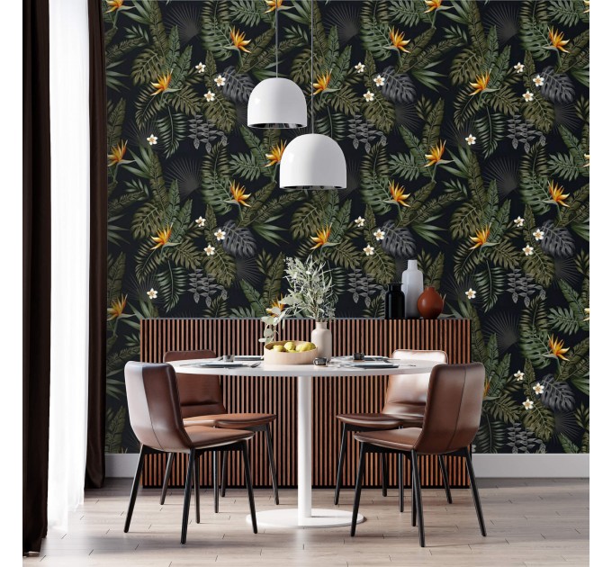 Tropical wallpaper leaves and flowers on dark Peel and stick or Traditional accent wallpaper botanical 