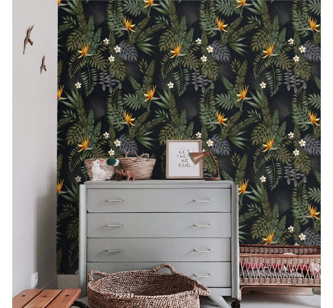 Tropical wallpaper leaves and flowers on dark Peel and stick or Traditional accent wallpaper botanical 