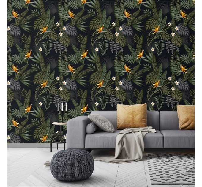 Tropical wallpaper leaves and flowers on dark Peel and stick or Traditional accent wallpaper botanical 