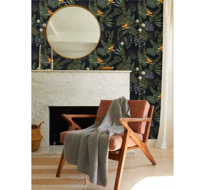 Tropical wallpaper leaves and flowers on dark Peel and stick or Traditional accent wallpaper botanical 