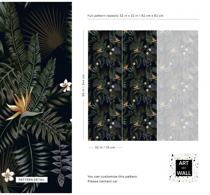 Tropical wallpaper leaves and flowers on dark Peel and stick or Traditional accent wallpaper botanical 