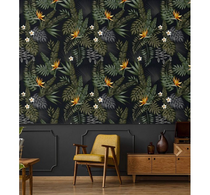 Tropical wallpaper leaves and flowers on dark Peel and stick or Traditional accent wallpaper botanical 