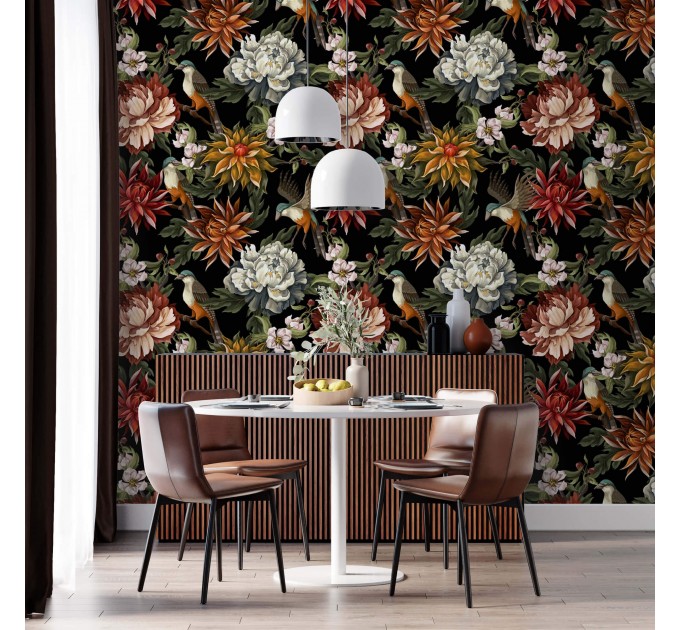 Dark floral wallpaper with birds Peel and stick removable or Traditional non woven accent wallpaper