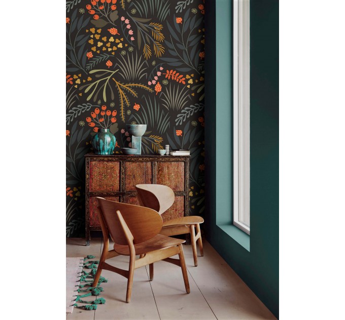 Dark botanical wallpaper leaves and herbs Peel and stick removable or Traditional non woven wallpaper