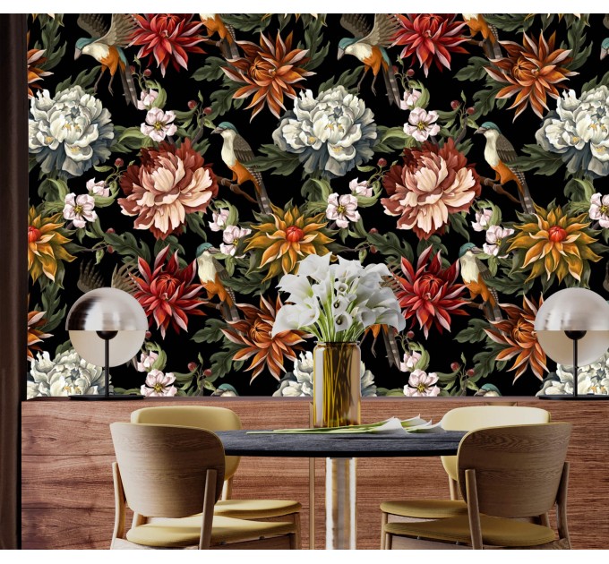 Dark floral wallpaper with birds Peel and stick removable or Traditional non woven accent wallpaper