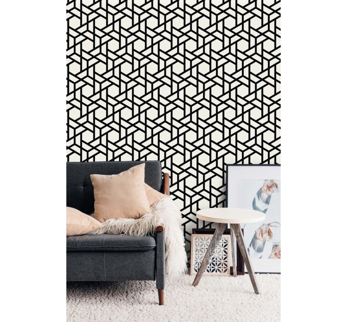 Geometric wallpaper black and white Peel and stick removable or Traditional non woven