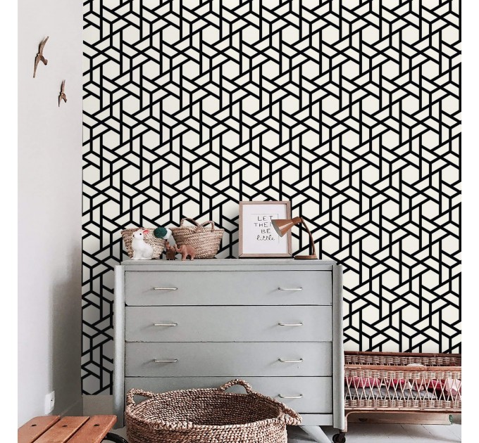 Geometric wallpaper black and white Peel and stick removable or Traditional non woven