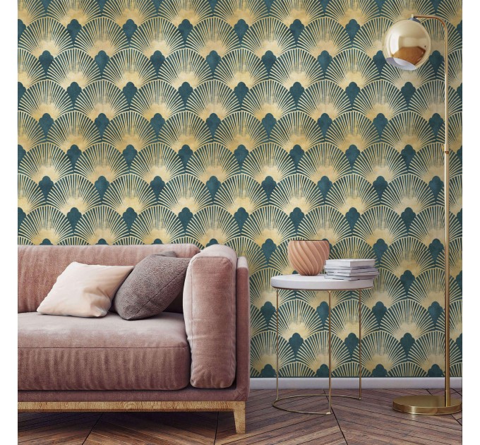 Art deco wallpaper fans teal green gold non metallic luxury wallpaper Peel and stick removable or Traditional