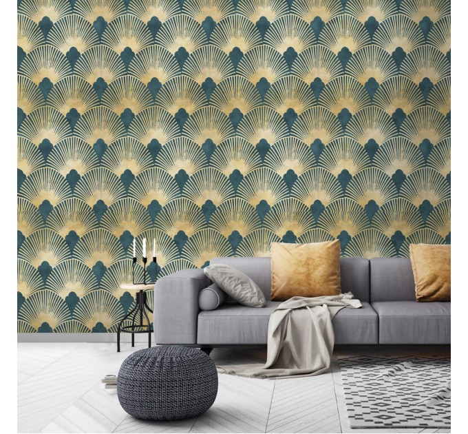 Art deco wallpaper fans teal green gold non metallic luxury wallpaper Peel and stick removable or Traditional