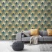 Art deco wallpaper fans teal green gold non metallic luxury wallpaper Peel and stick removable or Traditional