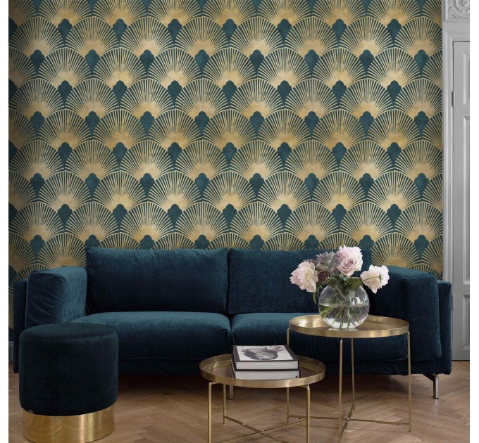 Art deco wallpaper fans teal green gold non metallic luxury wallpaper Peel and stick removable or Traditional