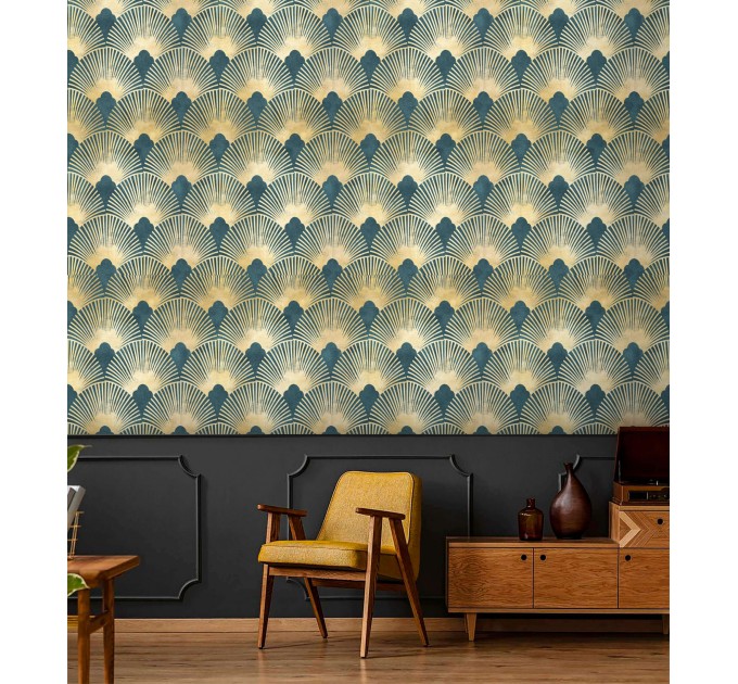 Art deco wallpaper fans teal green gold non metallic luxury wallpaper Peel and stick removable or Traditional