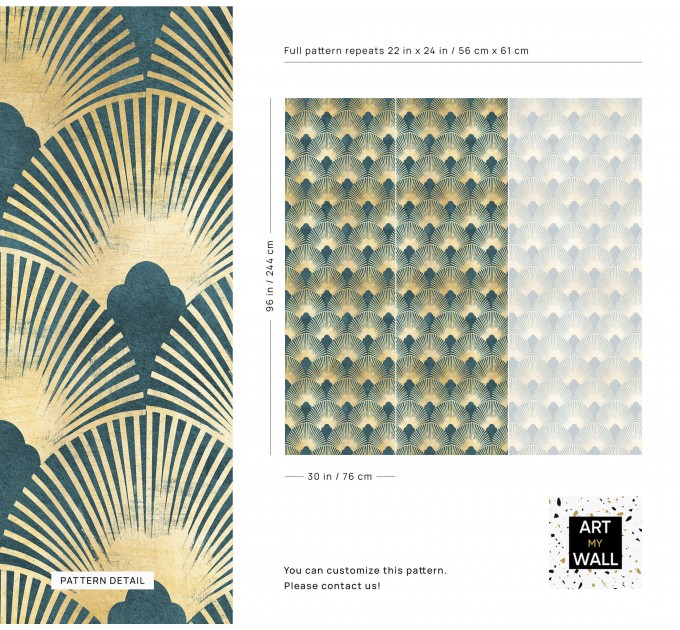 Art deco wallpaper fans teal green gold non metallic luxury wallpaper Peel and stick removable or Traditional