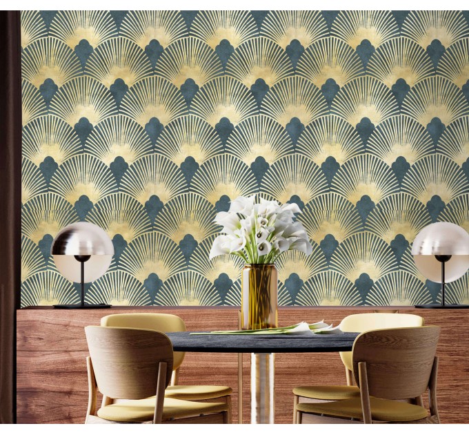 Art deco wallpaper fans teal green gold non metallic luxury wallpaper Peel and stick removable or Traditional