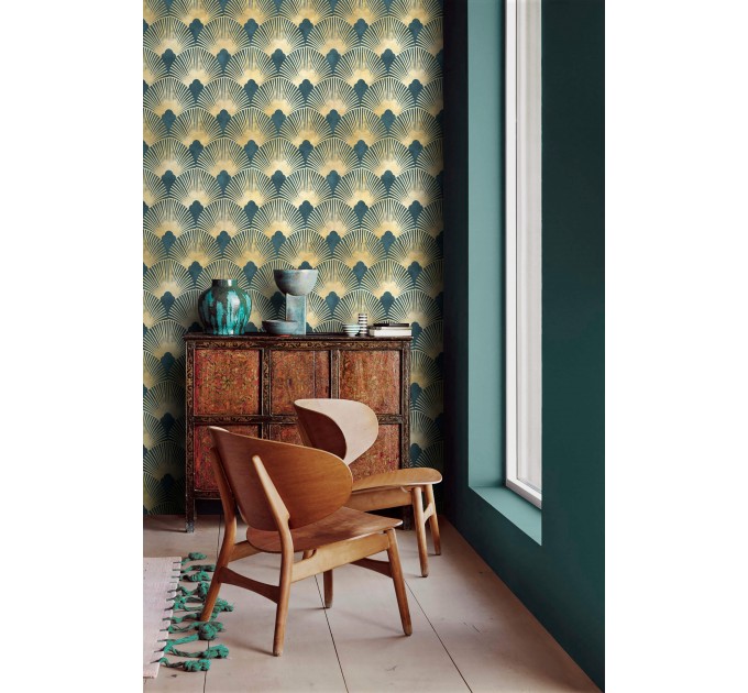 Art deco wallpaper fans teal green gold non metallic luxury wallpaper Peel and stick removable or Traditional