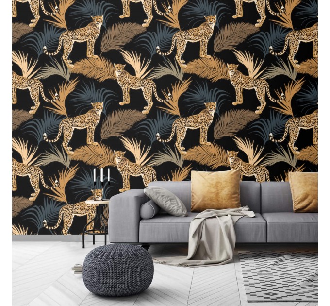 Tropical wild animals wallpaper with jaguars Peel and stick removable or Traditional non woven wallpaper palm leaves