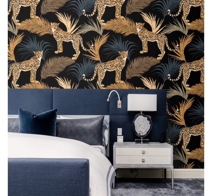 Tropical wild animals wallpaper with jaguars Peel and stick removable or Traditional non woven wallpaper palm leaves