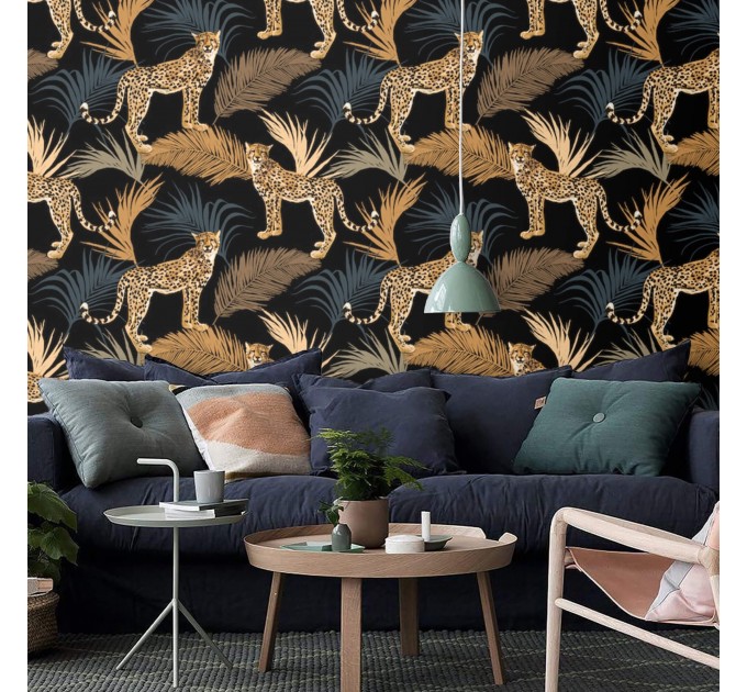 Tropical wild animals wallpaper with jaguars Peel and stick removable or Traditional non woven wallpaper palm leaves