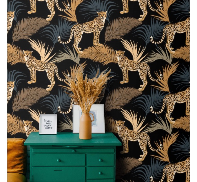 Tropical wild animals wallpaper with jaguars Peel and stick removable or Traditional non woven wallpaper palm leaves