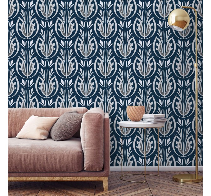 Art Deco style wallpaper dark blue Peel and stick removable or Traditional non woven wallpaper