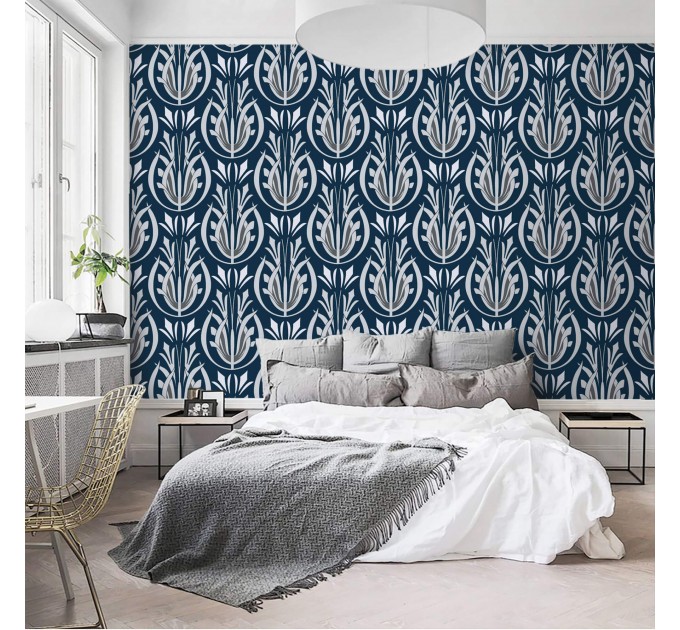 Art Deco style wallpaper dark blue Peel and stick removable or Traditional non woven wallpaper