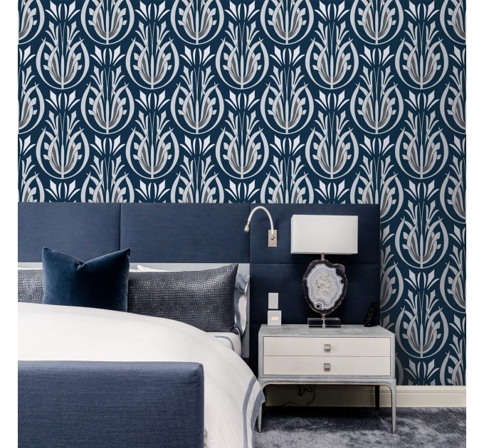 Art Deco style wallpaper dark blue Peel and stick removable or Traditional non woven wallpaper