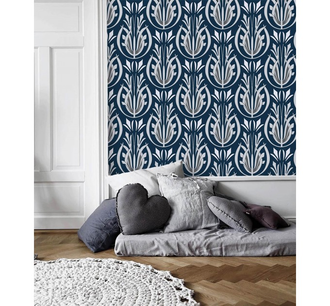 Art Deco style wallpaper dark blue Peel and stick removable or Traditional non woven wallpaper