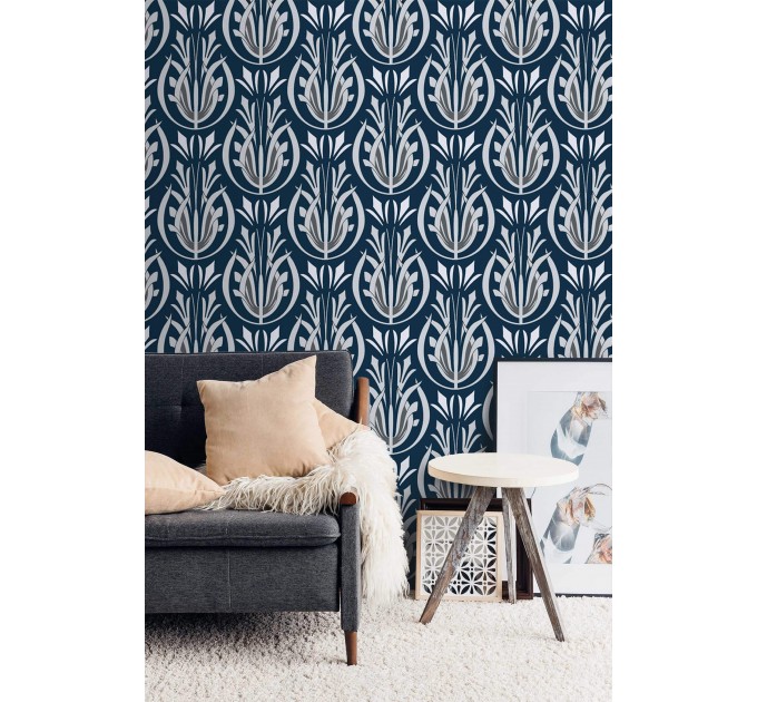 Art Deco style wallpaper dark blue Peel and stick removable or Traditional non woven wallpaper