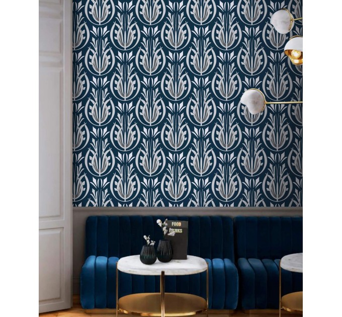 Art Deco style wallpaper dark blue Peel and stick removable or Traditional non woven wallpaper