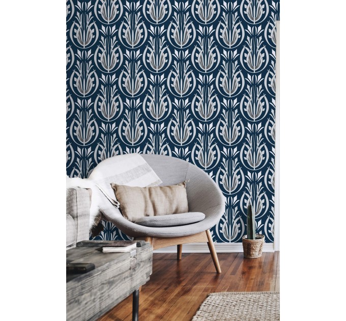 Art Deco style wallpaper dark blue Peel and stick removable or Traditional non woven wallpaper