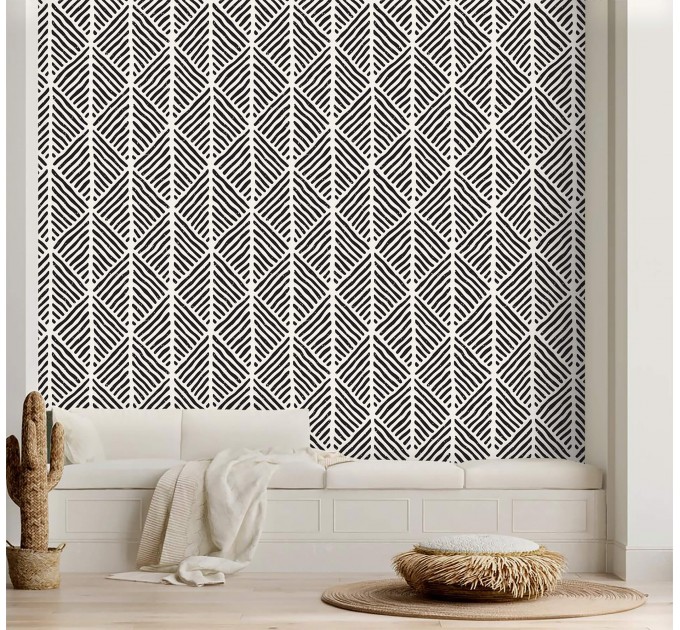 Black and white geometric wallpaper Peel and stick or Traditional non woven abstract accent wall