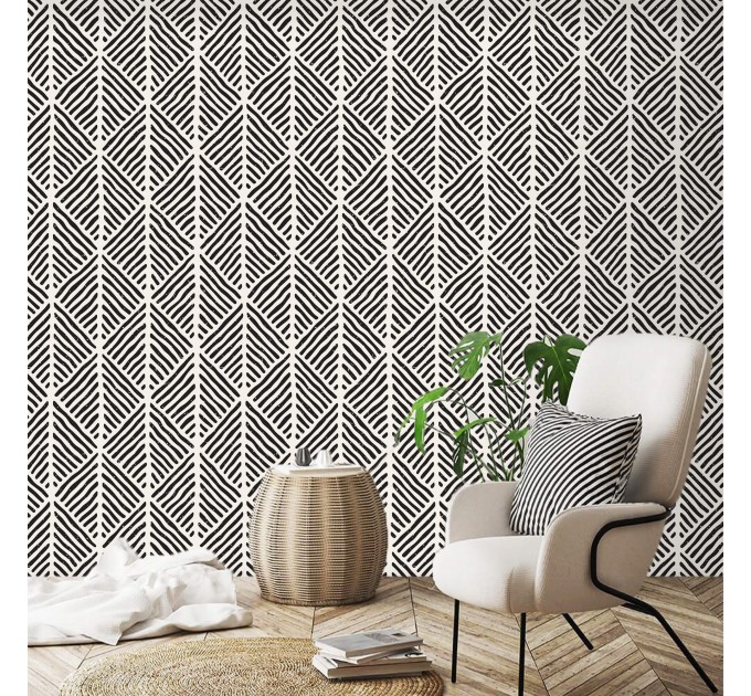 Black and white geometric wallpaper Peel and stick or Traditional non woven abstract accent wall