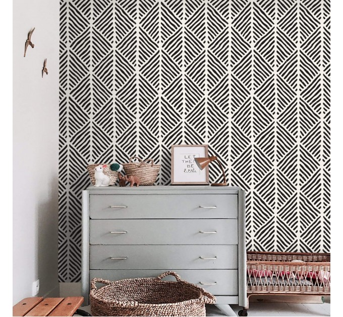 Black and white geometric wallpaper Peel and stick or Traditional non woven abstract accent wall