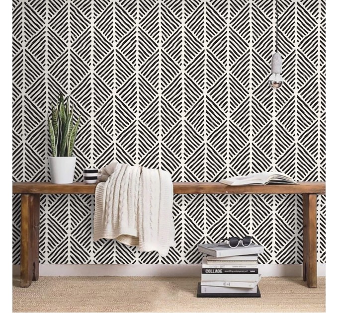 Black and white geometric wallpaper Peel and stick or Traditional non woven abstract accent wall