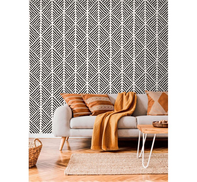 Black and white geometric wallpaper Peel and stick or Traditional non woven abstract accent wall