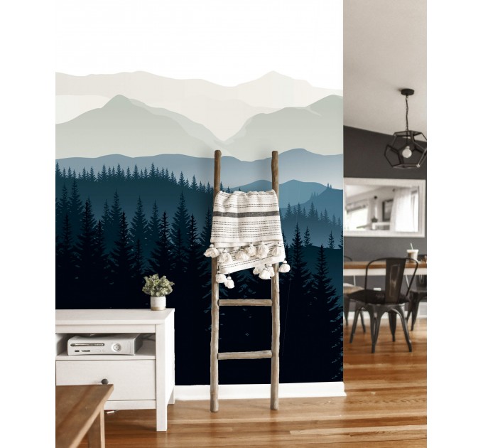 Foggy forest wall mural mountains Peel and stick removable or Traditional accent wall