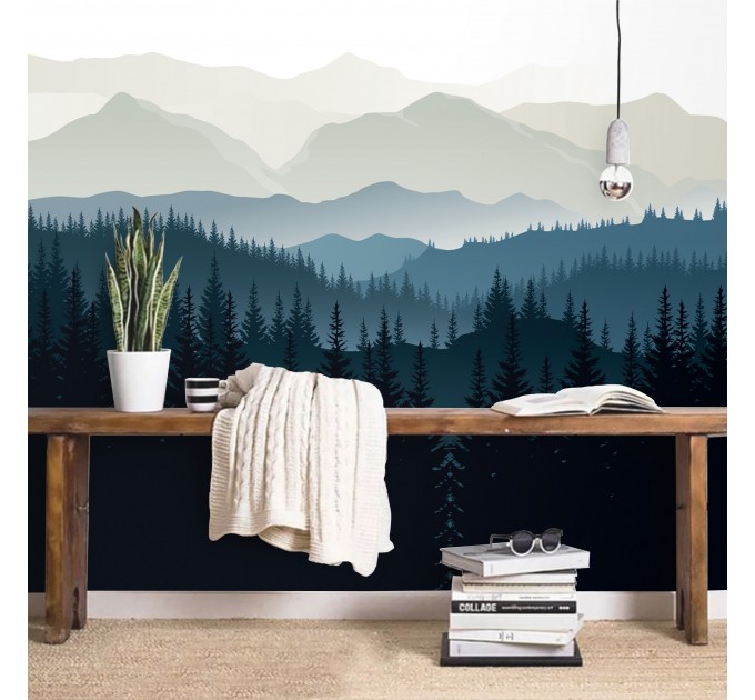 Foggy forest wall mural mountains Peel and stick removable or Traditional accent wall