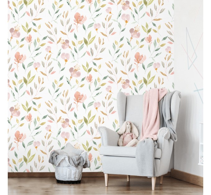 Floral nursery wallpaper watercolor pastel flowers Peel and stick or Traditional non woven Baby girl room