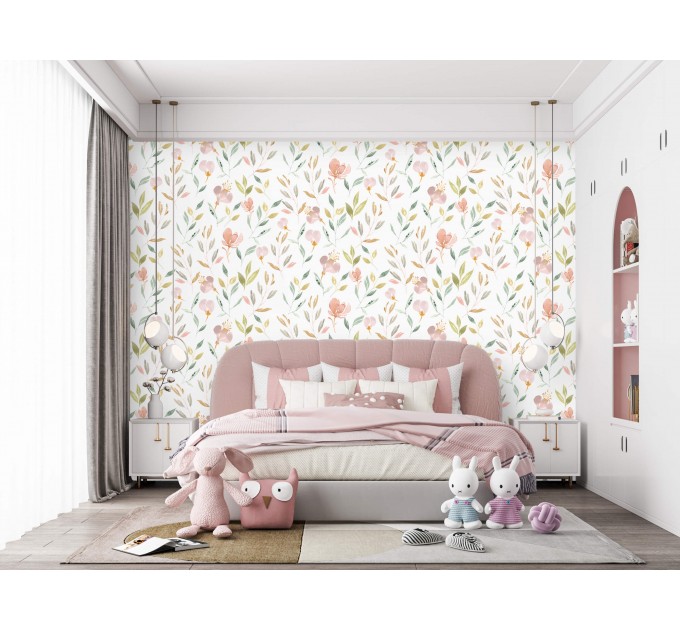 Floral nursery wallpaper watercolor pastel flowers Peel and stick or Traditional non woven Baby girl room