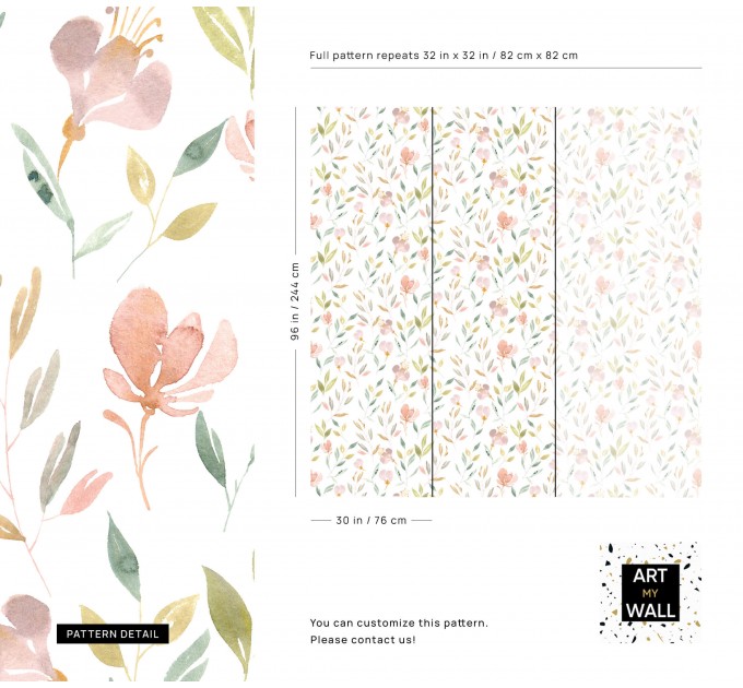 Floral nursery wallpaper watercolor pastel flowers Peel and stick or Traditional non woven Baby girl room