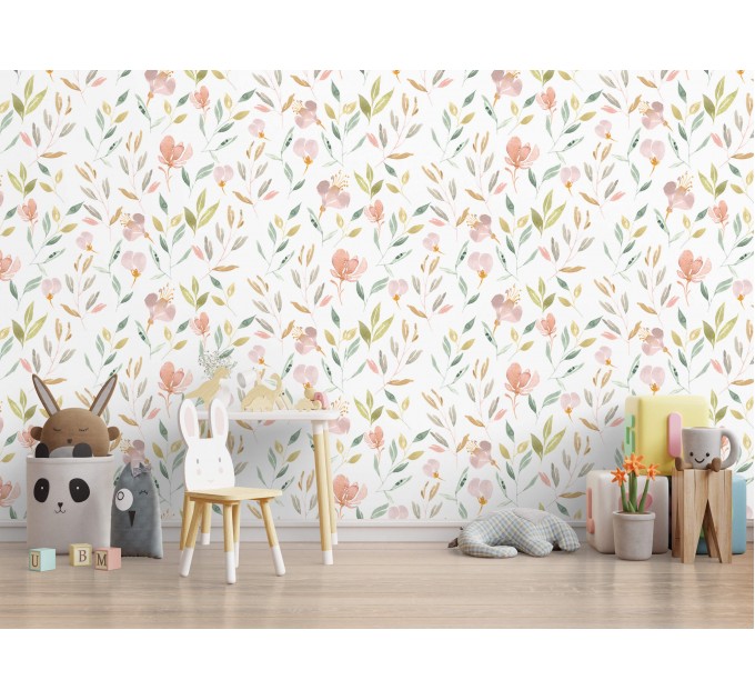 Floral nursery wallpaper watercolor pastel flowers Peel and stick or Traditional non woven Baby girl room