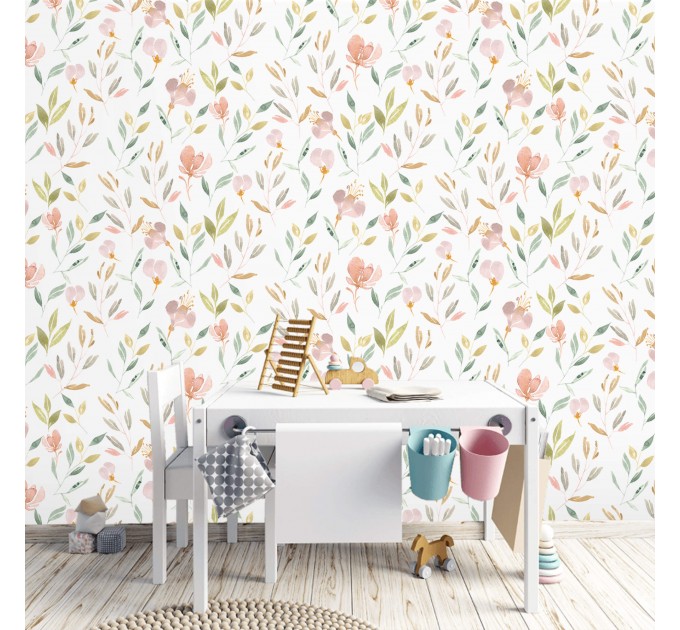 Floral nursery wallpaper watercolor pastel flowers Peel and stick or Traditional non woven Baby girl room