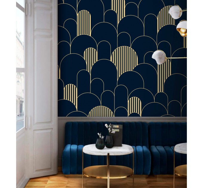 Art deco wallpaper geometric dark blue arches